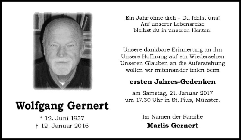  Traueranzeige für Johann Wolfgang Gernert vom 14.01.2017 aus Westfälische Nachrichten