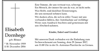 Anzeige von Elisabeth Dornhege von Westfälische Nachrichten
