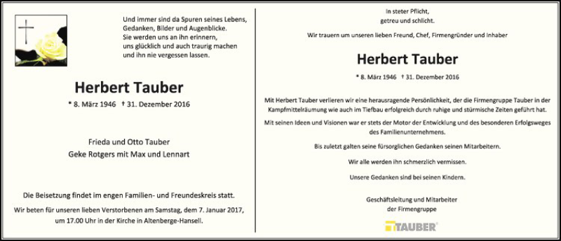  Traueranzeige für Herbert Tauber vom 04.01.2017 aus Westfälische Nachrichten