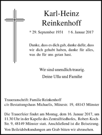 Anzeige von Karl-Heinz Reinkenhoff von Westfälische Nachrichten
