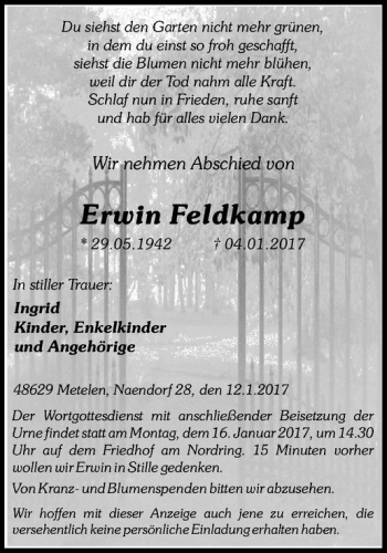 Anzeige von Erwin Feldkamp von Westfälische Nachrichten