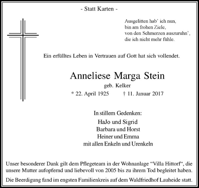  Traueranzeige für Anneliese Marga Stein vom 21.01.2017 aus Westfälische Nachrichten