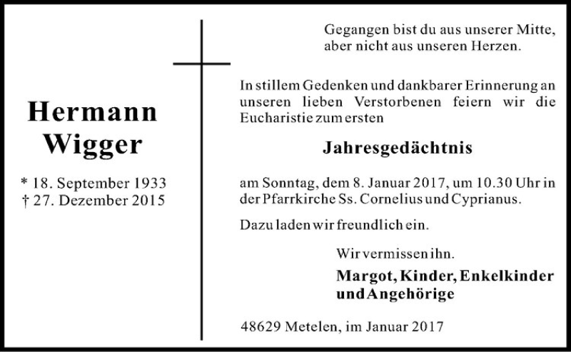  Traueranzeige für Hermann Wigger vom 05.01.2017 aus Westfälische Nachrichten