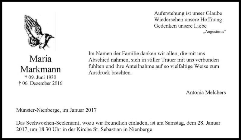  Traueranzeige für Maria Markmann vom 21.01.2017 aus Westfälische Nachrichten