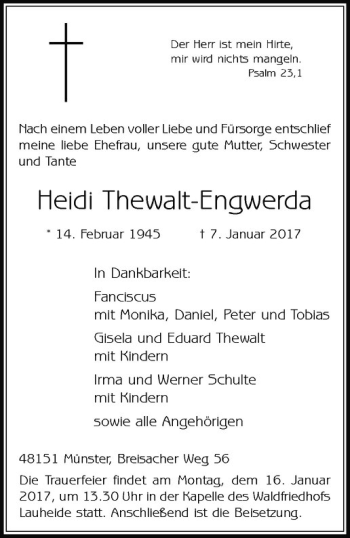 Anzeige von Heidi Thewalt-Engwerda von Westfälische Nachrichten