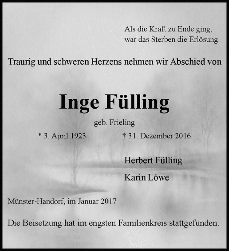  Traueranzeige für Woltering + Musholt Ingenieurgesellschaft mbH Fülling vom 21.01.2017 aus Westfälische Nachrichten