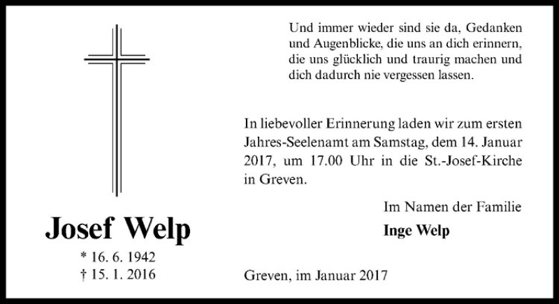  Traueranzeige für Josef Welp vom 07.01.2017 aus Westfälische Nachrichten