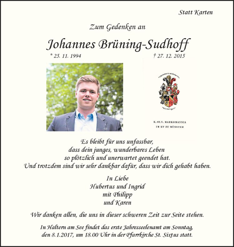  Traueranzeige für Johannes Brüning-Sudhoff vom 07.01.2017 aus Westfälische Nachrichten