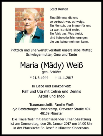 Anzeige von Maria Weiß von Westfälische Nachrichten