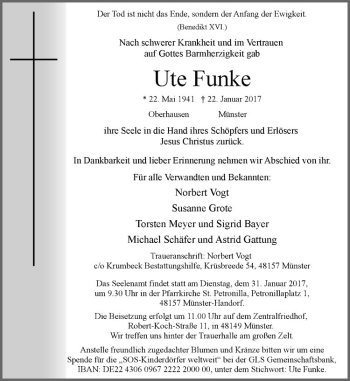Anzeige von Ute Funke von Westfälische Nachrichten
