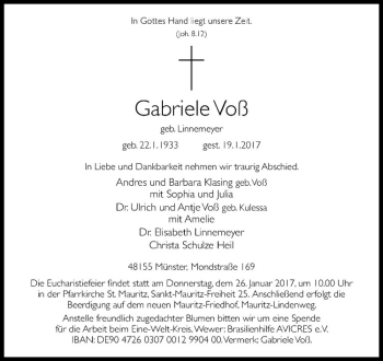 Anzeige von Gabriele Voß von Westfälische Nachrichten