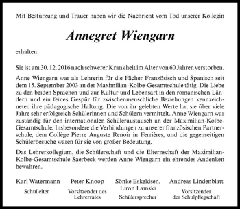 Anzeige von Annegret Wiengarn von Westfälische Nachrichten