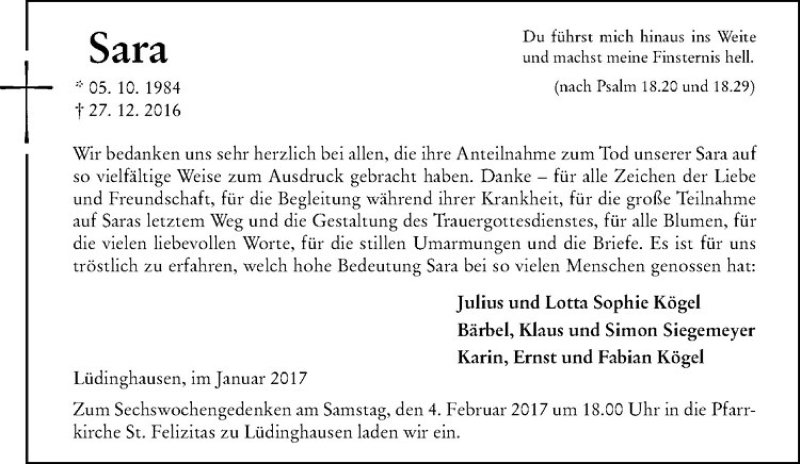  Traueranzeige für Sara Kögel vom 30.01.2017 aus Westfälische Nachrichten