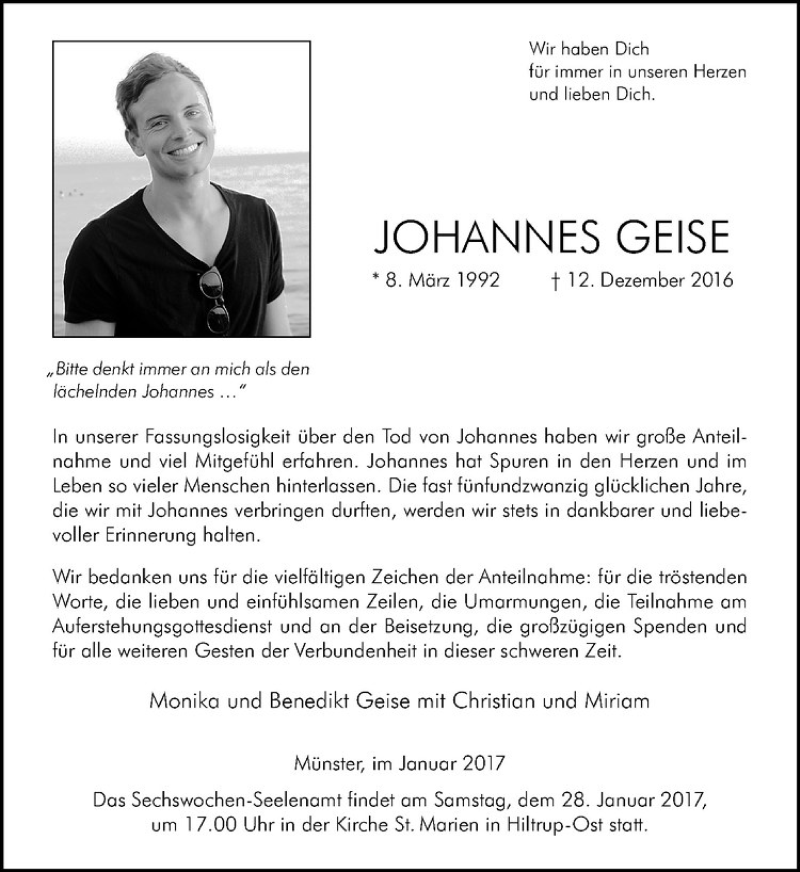  Traueranzeige für Johannes Geise vom 21.01.2017 aus Westfälische Nachrichten