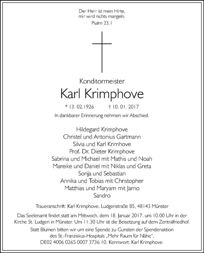  Traueranzeige für Karl Krimphove vom 13.01.2017 aus Westfälische Nachrichten