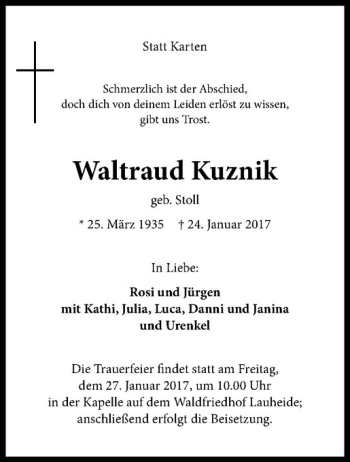 Anzeige von Waltraud Kuznik von Westfälische Nachrichten