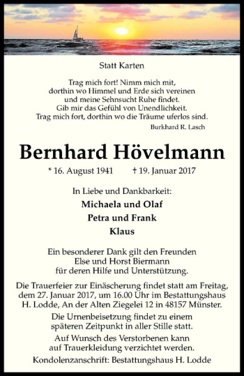 Anzeige von Bernhard Hövelmann von Westfälische Nachrichten