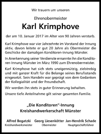 Anzeige von Karl Krimphove von Westfälische Nachrichten