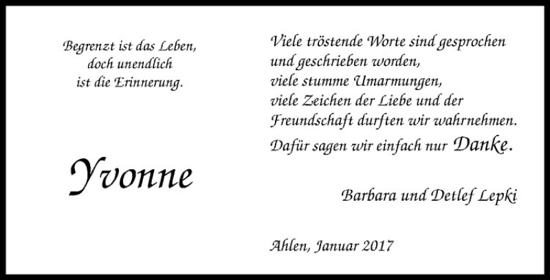  Traueranzeige für Yvonne Lepki vom 31.01.2017 aus Westfälische Nachrichten