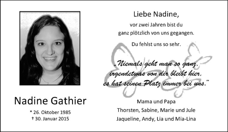  Traueranzeige für Nadine Gathier vom 30.01.2017 aus Westfälische Nachrichten