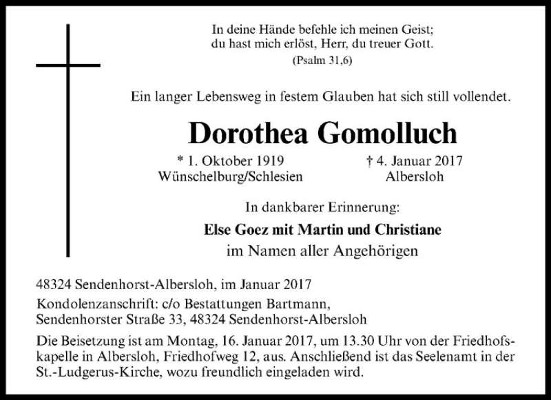 Traueranzeige für Dorothea Gomolluch vom 11.01.2017 aus Westfälische Nachrichten