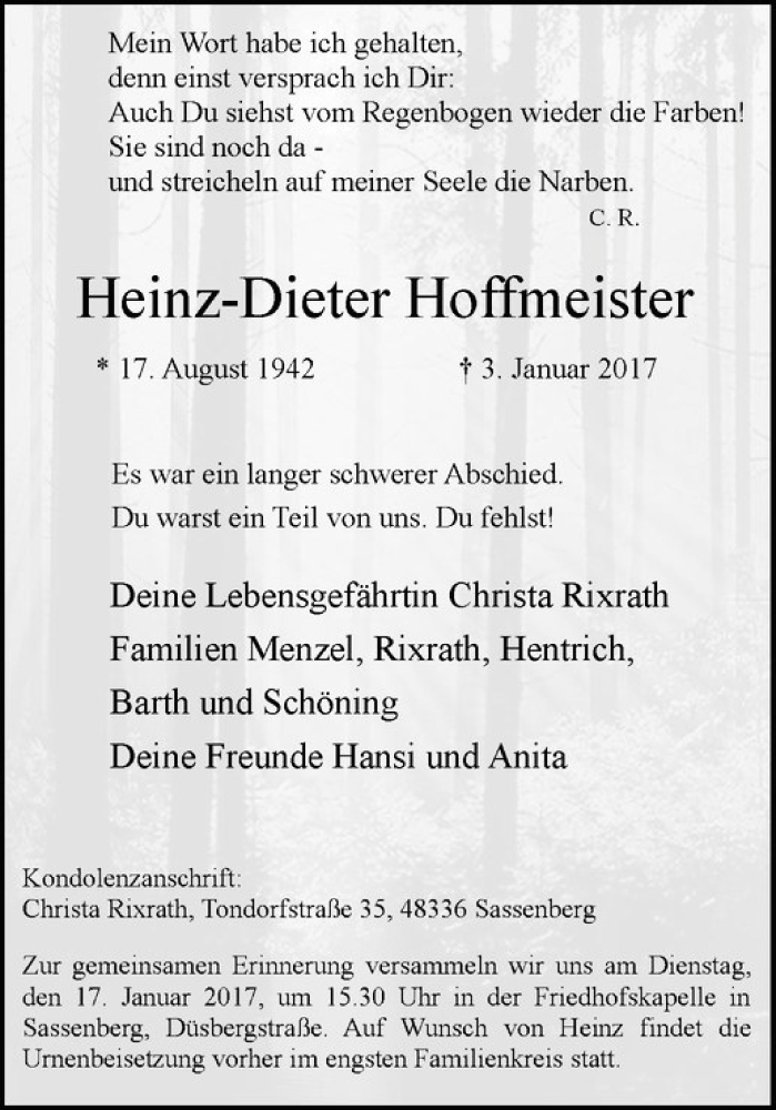  Traueranzeige für Heinz-Dieter Hoffmeister vom 13.01.2017 aus Westfälische Nachrichten
