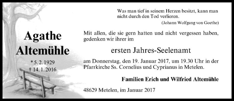  Traueranzeige für Agathe Altemühle vom 16.01.2017 aus Westfälische Nachrichten