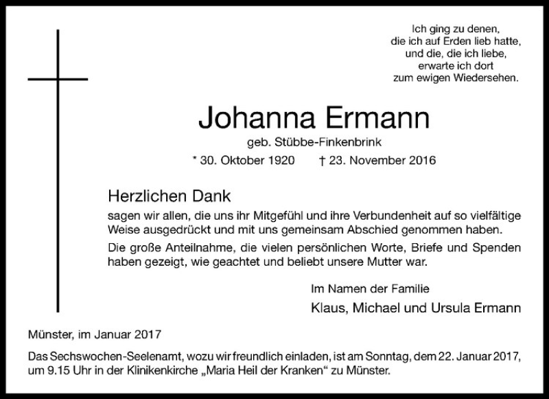  Traueranzeige für Johanna Ermann vom 14.01.2017 aus Westfälische Nachrichten