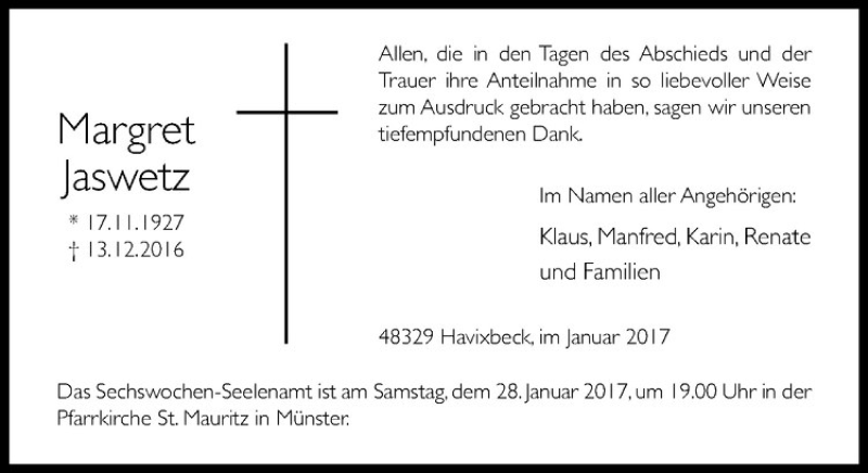  Traueranzeige für Margret Jaswetz vom 19.01.2017 aus Westfälische Nachrichten