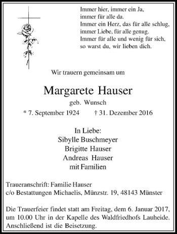 Anzeige von Margarete Hauser von Westfälische Nachrichten