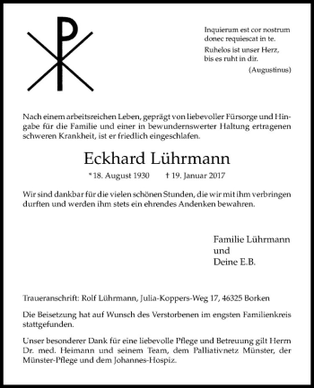 Anzeige von Eckhard Lührmann von Westfälische Nachrichten