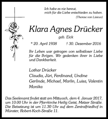 Anzeige von Klara Agnes Drücker von Westfälische Nachrichten