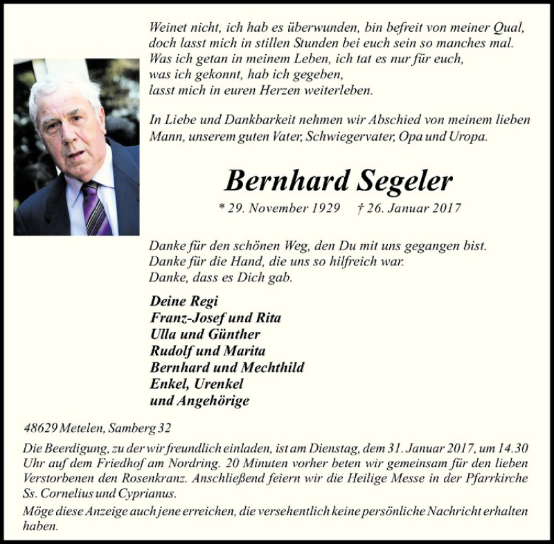  Traueranzeige für Bernhard Segeler vom 28.01.2017 aus Westfälische Nachrichten