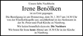 Anzeige von Irene Benölken von Westfälische Nachrichten