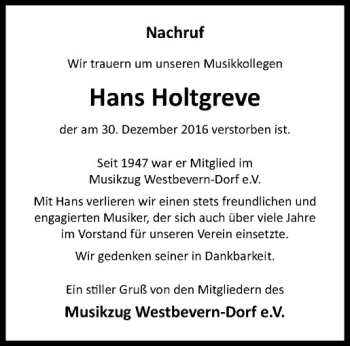 Anzeige von Hans Holtgreve von Westfälische Nachrichten