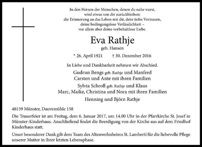  Traueranzeige für Eva Rathje vom 03.01.2017 aus Westfälische Nachrichten