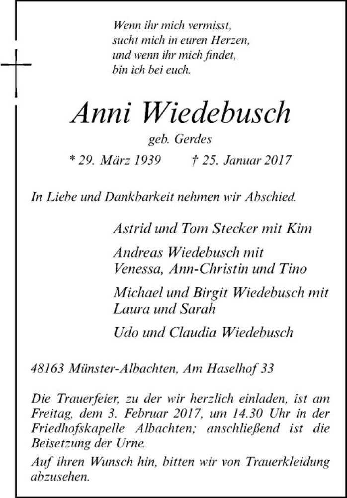  Traueranzeige für Anni Wiedebusch vom 28.01.2017 aus Westfälische Nachrichten