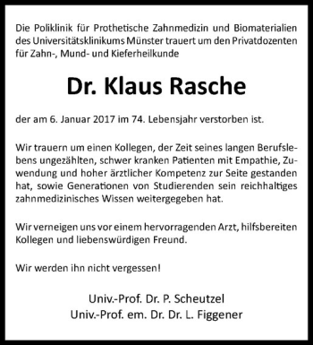 Anzeige von Klaus Rasche von Westfälische Nachrichten