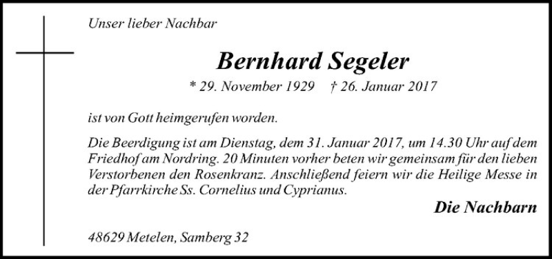  Traueranzeige für Bernhard Segeler vom 30.01.2017 aus Westfälische Nachrichten