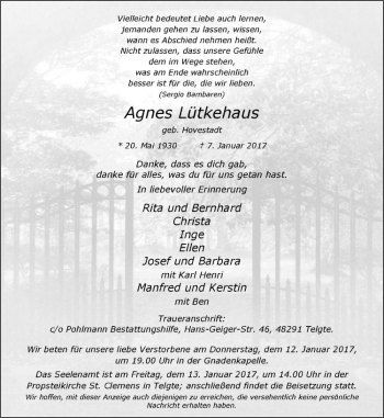 Anzeige von Agnes Lütkehaus von Westfälische Nachrichten