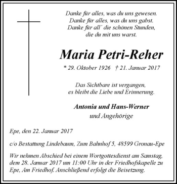 Anzeige von Maria Petri-Reher von Westfälische Nachrichten