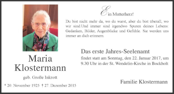 Anzeige von Maria Klostermann von Westfälische Nachrichten