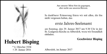Anzeige von Hubert Bisping von Westfälische Nachrichten