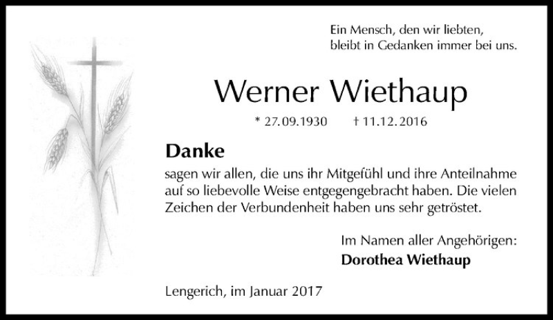  Traueranzeige für Werner Wiethaup vom 28.01.2017 aus Westfälische Nachrichten