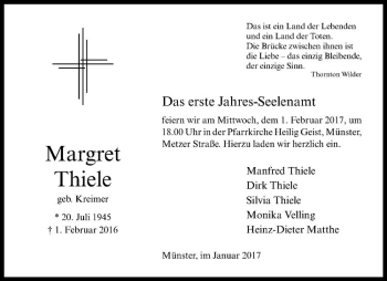 Anzeige von Margret Thiele von Westfälische Nachrichten