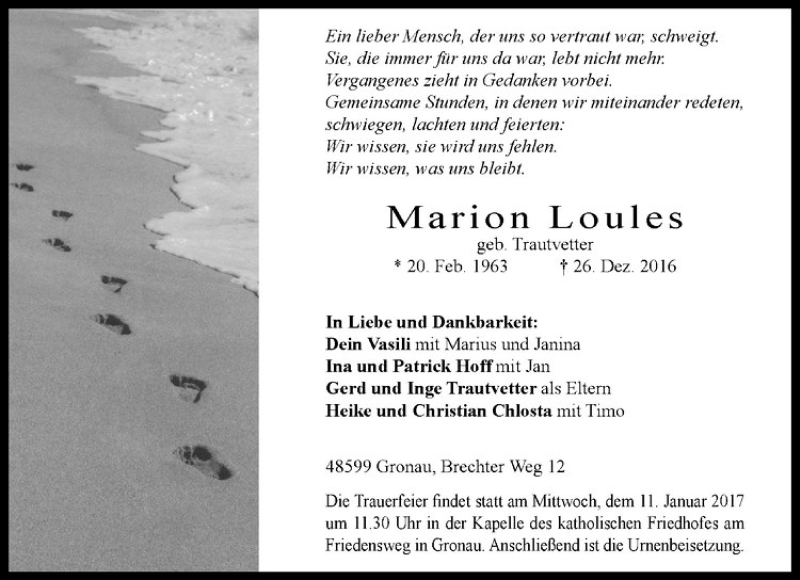  Traueranzeige für Marion Loules vom 04.01.2017 aus Westfälische Nachrichten