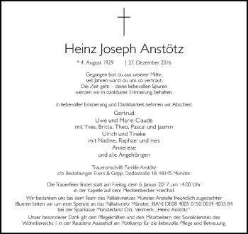 Anzeige von Heinz Joseph Anstötz von Westfälische Nachrichten