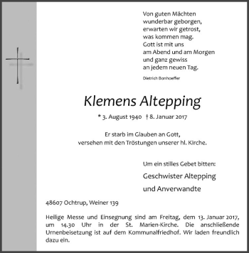 Anzeige von Klemens Altepping von Westfälische Nachrichten