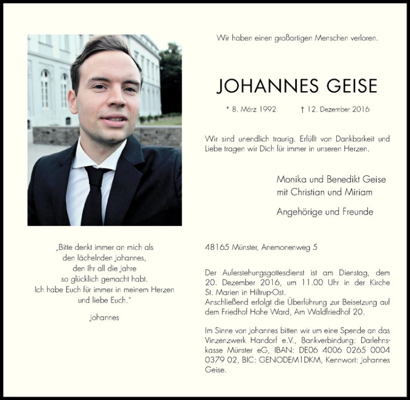  Traueranzeige für Johannes Geise vom 17.12.2016 aus Westfälische Nachrichten