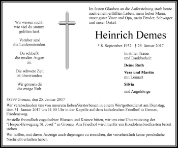 Anzeige von Heinrich Demes von Westfälische Nachrichten